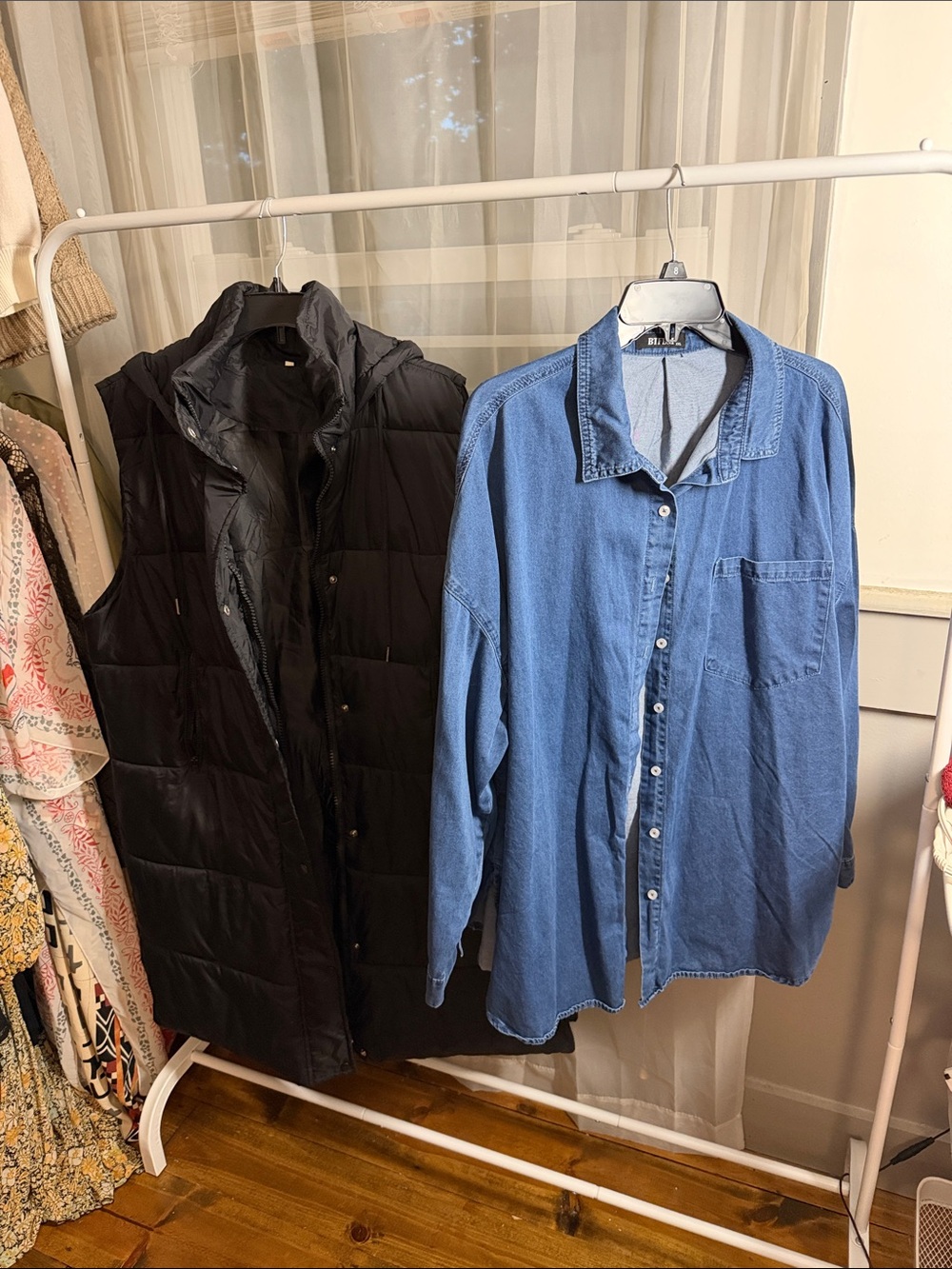 Denim Button-Up Shirt in Blue plus puffer Vest - both Amazon
